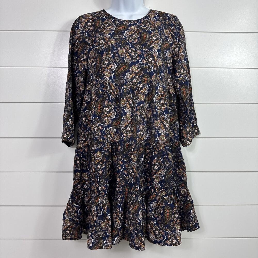Natural Life A-Line Dress 3/4 Sleeve Navy Blue Paisley Print sz XS